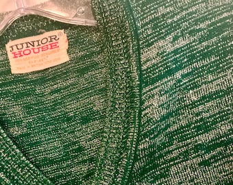 Metallic Pullover Knit Sweater/Green/V-Neck/Long Sleeve/“Junior House”/Acrylic/Christmas/Junior Size Small (chest 36”) Vintage 1970s