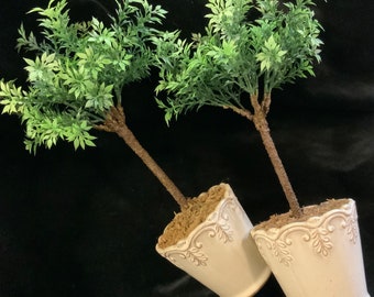 Topiary Tree Set/Tabletop/Green Faux-Evergreen/Rosemary ? Boxwood/Plastic Leaves-Branches/Ceramic Pot/Small 2 Piece/Vintage