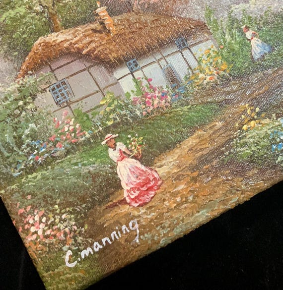 Wall Art Painting/Original Oil/English Country Cottage Landscape/Signed C. Manning/Pastel/Stretched Canvas/Unframed/Small 1x8x10”/Vintage