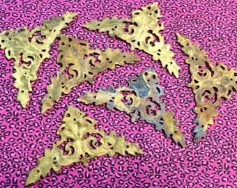 Brass Corner Trim Bracket Escutcheon Plate Set/Ornate Furniture Hardware/Stamped/Filigree/Craft Supply/6 Piece/Antique Vintage 1910