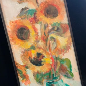 Vintage Floral Painting/Original/Yellow Sunflower Flowers/Oil? Acrylic?/Impressionist/Impasto/Cottagecore/Signed “S. Conway”/Framed 10x20”