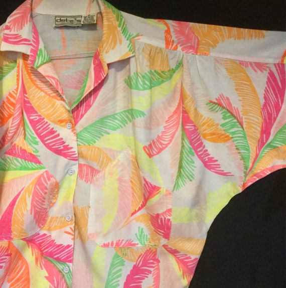1980s Tropical Print Blouse Shirt Top Neon Fluores