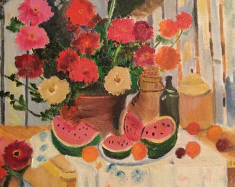 Vtg  Floral Still Life Oil Painting/Original TableScape/Outsider-Art/Flowers & Fruit/Kitchen Wall Art/Signed/Small 11x14”/Vintage 1990s