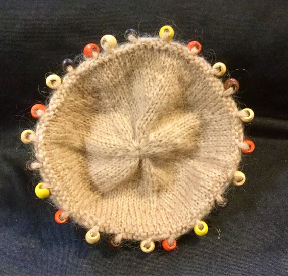 1960s Beaded Knit Hat-Beanie-Cap/Winter/Tan-Brown… - image 2