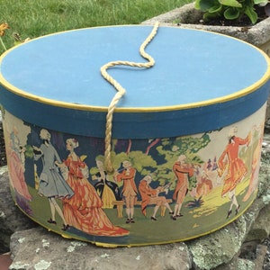 1920s Hat Box-Bandbox-Storage Box/Victorian/Blue Wallpaper Figural Print & Cardboard/Large-Round/Vintage Antique