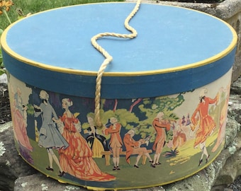 Hat Box-Bandbox-Storage Box/Victorian/Blue Wallpaper Figural Print & Cardboard/Large-Round/Vintage Antique 1920s