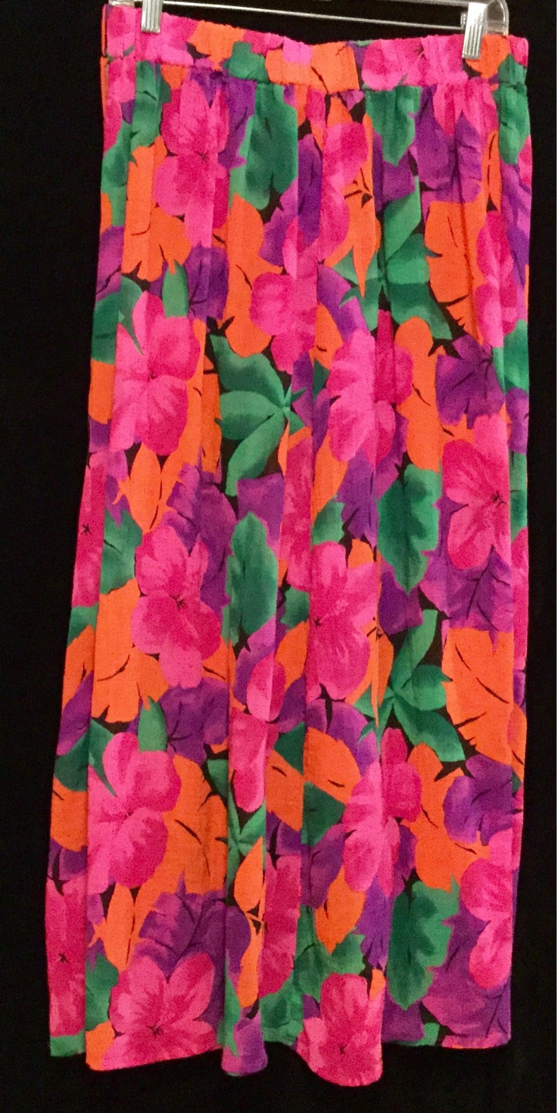 Vintage Pink Floral Maxi Skirt/Hawaiian Print/Fluorescent Neon Hibiscus Flowers/Cotton Gauze Fabric/Elastic-Waist/Woman's Size XL/Vintage image 2
