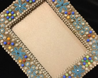 Antique Shell Bead Wall Mirror/Picture Frame/Native American Indian Folk Art/Memoryware Tramp Art/Primitive/Handmade/Vintage 1800s