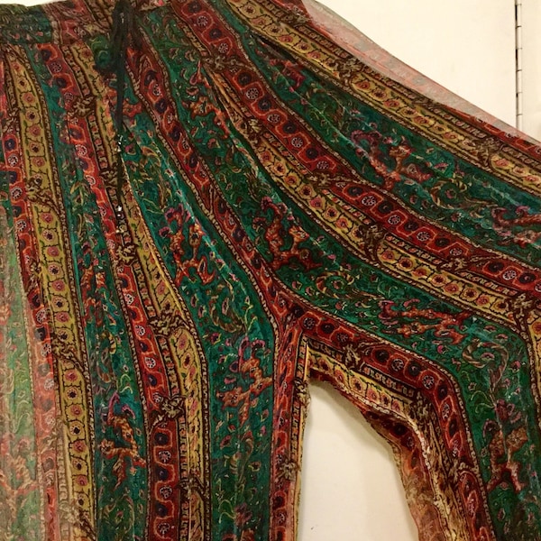 1970 Paisley Print Harem Pants-Palazzo-Maxi Skirt/Sheer Chiffon/Red-Green-Gold/Wide Leg/Adjustable Drawstring Waist/Woman One Size/Vintage