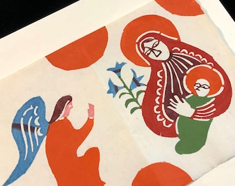 Vintage Christian Art/Virgin Mary Jesus Painting/Original Block Print-Linocut/Religious Madonna & Baby Jesus Nativity/Angel/Catholic