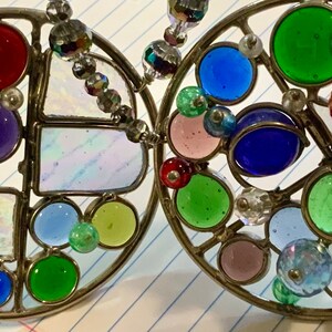Kaleidoscope Sun Catcher Window Ornament/Upcycled/Stained Glass Mosaic Disc/Geometric/AB Crystal/Christmas/Small 2pc Set/Handmade/Vintage