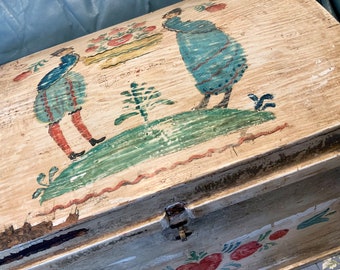 Peter Hunt? Wood Chest-Trunk-Storage Box-Furniture/Hand Painted Folk Art/Cape Cod Souvenir/Large 13.25”Dx14”Hx18.5”W/Handmade/Vintage 1950s