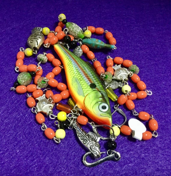 Fish Necklace & Earrings/beaded Tassel Pendant/orange/sport Fishing Lure/ tackle/bass-trout/sealife/steampunk/large 2 Piece Set/handmade -  Canada