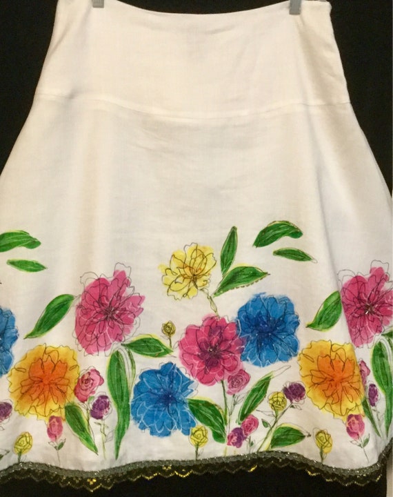 Floral Print Skirt/Beaded/A-Line Midi/Multicolor … - image 1