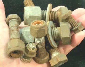 Nuts & Bolts Hardware Set/Carriage/Industrial/Rusty Metal Non-Working Craft Supply/Steampunk/7 Piece/Vintage