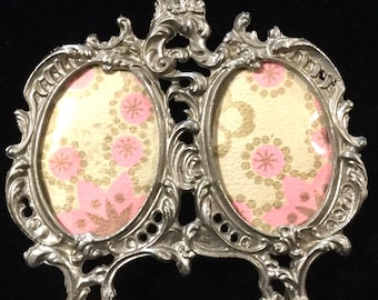 Picture Frame/Photo Frame/Double Oval/Tabletop/Ornate Flower & Scroll/Jugendstil/Silver Metal/Art Nouvean Victorian/Small 5”Wx5.5”H/Vintage