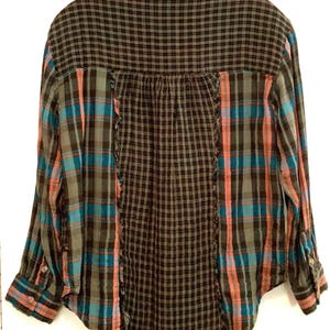 Anthropologie Pilcro Blouse-Shirt/Green Plaid Patchwork & Fringe/Button Up/Long Sleeve/Cotton/Woman Size XSP (chest 40”/Vintage 1980s image 5