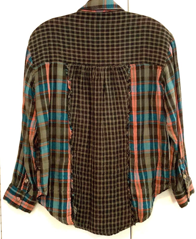 Anthropologie Pilcro Blouse-Shirt/Green Plaid Patchwork & Fringe/Button Up/Long Sleeve/Cotton/Woman Size XSP (chest 40”/Vintage 1980s image 5