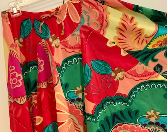 Floral Skirt/Patchwork Print/Maxi/NY Collection/Full Circle/Gore Panel/Red-Orange-Yellow-Green/Cotton/Adjustable Waist/Woman Medium/Vintage