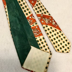 1940s Mens Tie-Necktie/Art Deco Smoothie Silk Jacquard/Buffalo Check Plaid/Leaf Print/Red-Green-Gold/4.5Wx 53L/Vintage image 6