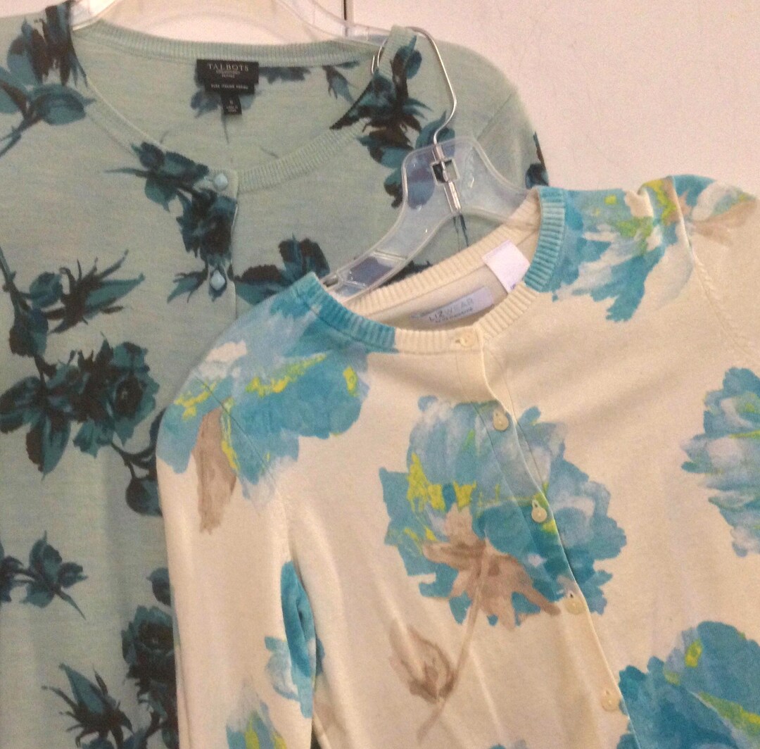 Suéter cárdigan azul floral/Talbots Lizwear/Estampado de flores  aguamarina/Abotonado/Manga larga/Primavera-Verano/Talla pequeña de  mujer/Conjunto de