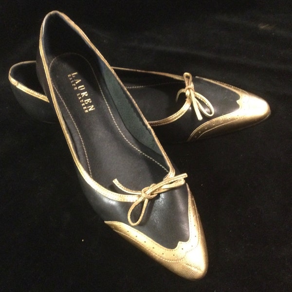 Ralph Lauren Shoes-Pumps-Kitten Heels “Spectators” Black & Gold Leather/NWOT Dead-Stock “Lauren Ralph Lauren” Women’s Size 7B/Vintage 1990s