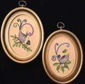 60s Crewel Embroidery Wall Art/Embroidered Love Birds/Framed/Gold Oval Syroco-Style Frame/Handmade/2 Piece Set/Vintage 1960