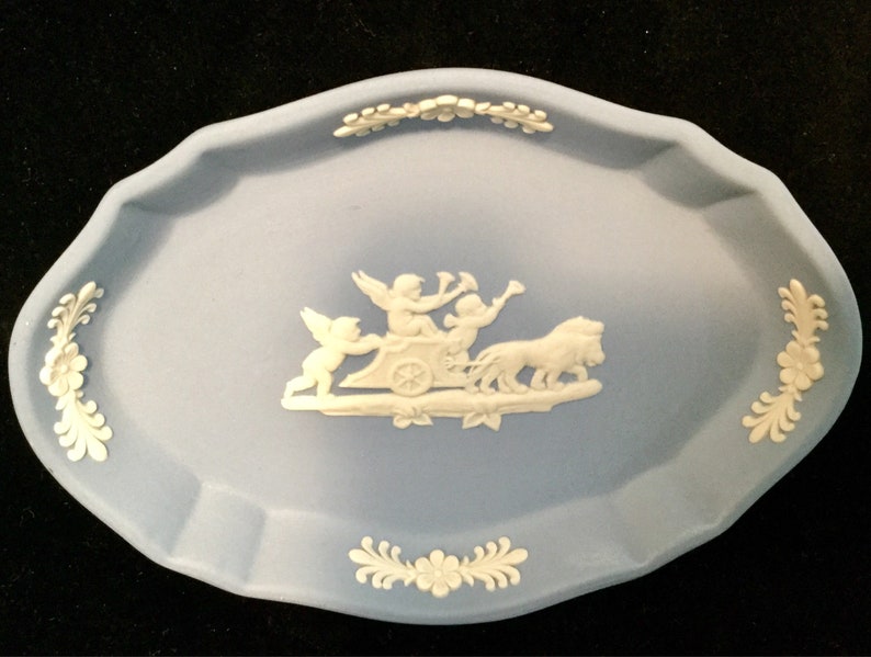 Wedgewood Jasperware Blue Jasper Collectors Society Floral Girl Trophy Plate Heart Dish Bud Vase Oval Charriot Trinket 4 Piece SET Vintage