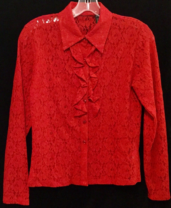 Lace Blouse-Top/Red/Floral/Ruffle/Button Up/Long-… - image 3