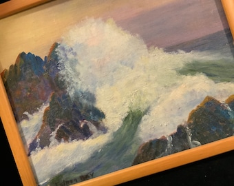 Wall Art Decor Maine Coastal Painting/Original Oil/Nautical Beach SeaScape/Ocean Rocky Shore/Signed/Framed/Small 8.5x10.5”/Vintage