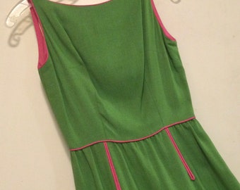 1970s Dress “Maggi Maid of Lucerne” Sleeveless/Lime Green & Hot-Pink/Summer/Preppy/Woman’s Small Size 4 (chest 32”) Vintage