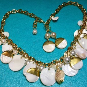 MOP Shell Multi Charm Necklace Choker & Earrings/Seashell Sea Life/Dangle/Fringe/Bib/Chunky/Summer Beach Jewelry/2 Piece SET/Handmade