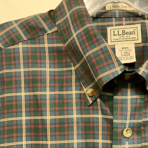 LL Bean Plaid Shirt/Marine Corps Tartan/Green Windowpane Plaid/Button Down/Long Sleeve/Mens Size Large-Tall (chest 50”)/Preppy/Vintage
