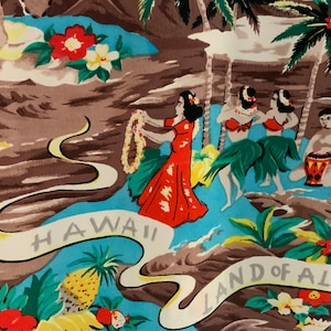 Avanti Silk Hawaiian Shirt/Hawaii Land of Aloha/Brown & Blue Landscape Print/Mens Size Large (chest 46”) Vintage 1980s