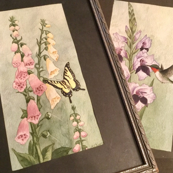 1920s Floral Painting SET/Original Watercolor/Foxglove+Gladiola Flowers+Butterfly Botanical Scene/Framed w/Glass 8.75x12.75”/Signed/Vintage