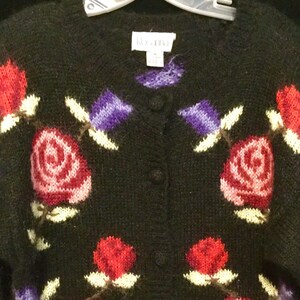Hand Knit Sweater/Cardigan/Black+Red Rose Flower Print/“Rosanna"/Mohair/Long-Sleeve/Baggy/Winter/Preppy/Woman Sm-Med/Vintage 1980 image 1