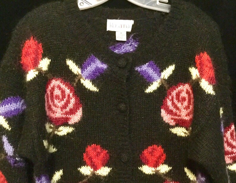 Hand Knit Sweater/Cardigan/Black+Red Rose Flower Print/“Rosanna"/Mohair/Long-Sleeve/Baggy/Winter/Preppy/Woman Sm-Med/Vintage 1980 image 1