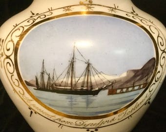 1800s Iceland Water Pitcher Nautical Souvenir/“Dyrefjord Iceland"/Ship SeaScape/Ceramic/Hand Painted/Gilded Lion/Large 10”H/Vintage