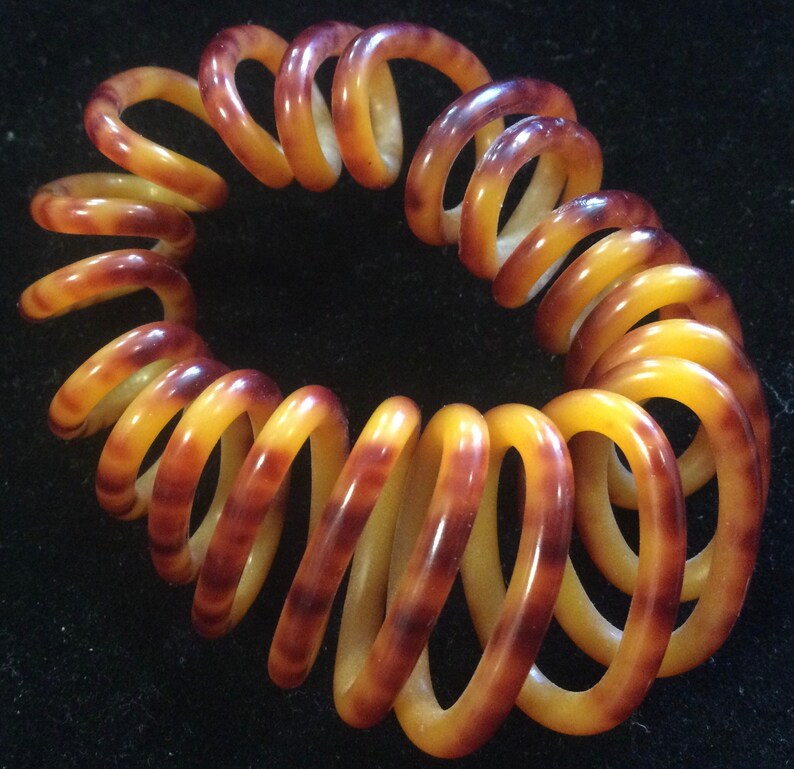Bakelite-Style Spiral Coil Bangle Bracelet Stretch Spring Acrylic BrownButterscotch Tortoise Print Large Wide Size Small Vintage