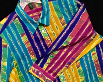 Lauren Ralph Lauren Blouse-Shirt-Top/NWT/Multicolor Striped Tie-Dye Print/Button Up/3/4 sleeve/India/Woman's Size XL (chest 44”) Vintage
