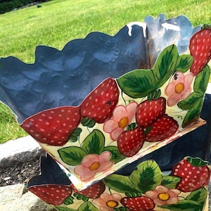 Toleware Planter Pair/Tin Ware-Metal/Fruit+Flowers/Hand-Painted/HP Red Strawberry/Country Farmhouse Decor/Large 8x10”/2 Piece Set/Vintage