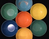 Vtg Enamelware Salad Bowl Set Enamel 8 Piece Multicolor Fiesta-Style Green Blue Orange Yellow Camping Kitchenware 1950s-1960s Vintage