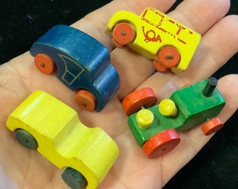 Wood Car Toy Set/West Germany/FAO Schwartz/Small-Miniature 1.5”L/4 Piece/Vintage 1970s