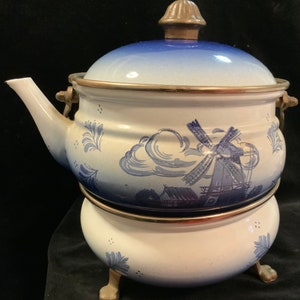Blue Enamelware Coffee Kettle-Coffeepot-Teapot by “Fissler” ASTA/Blue & White/Dutch Holland Windmill/NWOT/West Germany/2 Piece SET/Vintage