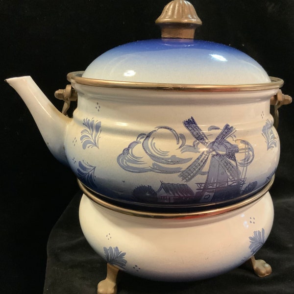 Vtg Enamelware Coffee Kettle-Coffeepot-Teapot by “Fissler” ASTA/Blue-White/Dutch-Holland Windmill/NWOT/West Germany/2 Piece SET/Vintage 1981