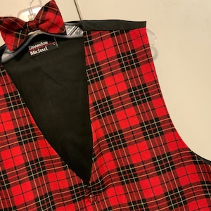 Mens Tuxedo Vest & Bow Tie/Red Plaid/Brandon Michael/Wallace? Scottish Tartan/Wool/Wedding-Christmas/2pc Set/Large (chest 46”) Vintage 1980s