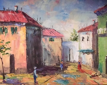 Wall Art Painting/Spanish CityScape Village Street Scene/Original Oil/Mexico-Latin America-Spain/Framed/Small 10.5”Hx12.5”W/Vintage