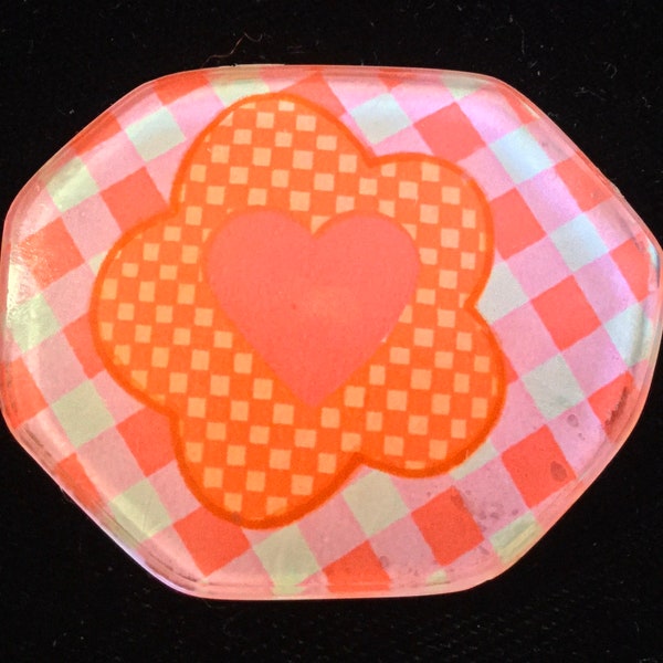 SALE—1960s Heart Pin-Brooch/Valentine Eyeglass Lens/Red-Pink Flower & Gingham Check/Small/Repurposed-Handmade/Vintage 1970s