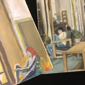 May include: Two paintings depicting interior scenes. The first painting shows a woman with red hair sitting on a chair in a room with a window. The second painting shows a person sitting in a chair in a room with a mirror and a table.
