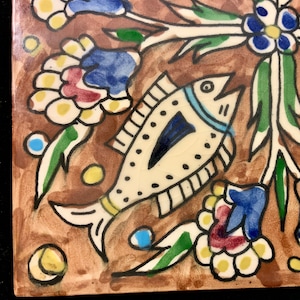 Spanish Tile-Trivet-Hotplate/Nautical Fish Print/Hand Painted/Ceramic/Brown+Green/Spain?/Portugal?/Kitchen Decor/Square 6”/Handmade/Vintage